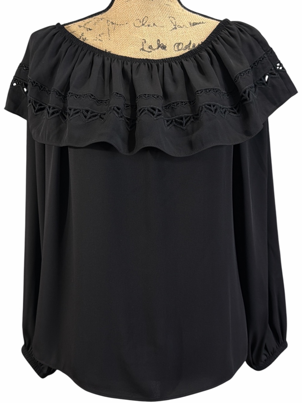 White House Black Market Black Off-Shoulder Ruffle Blouse & Lace Trim EC Size M